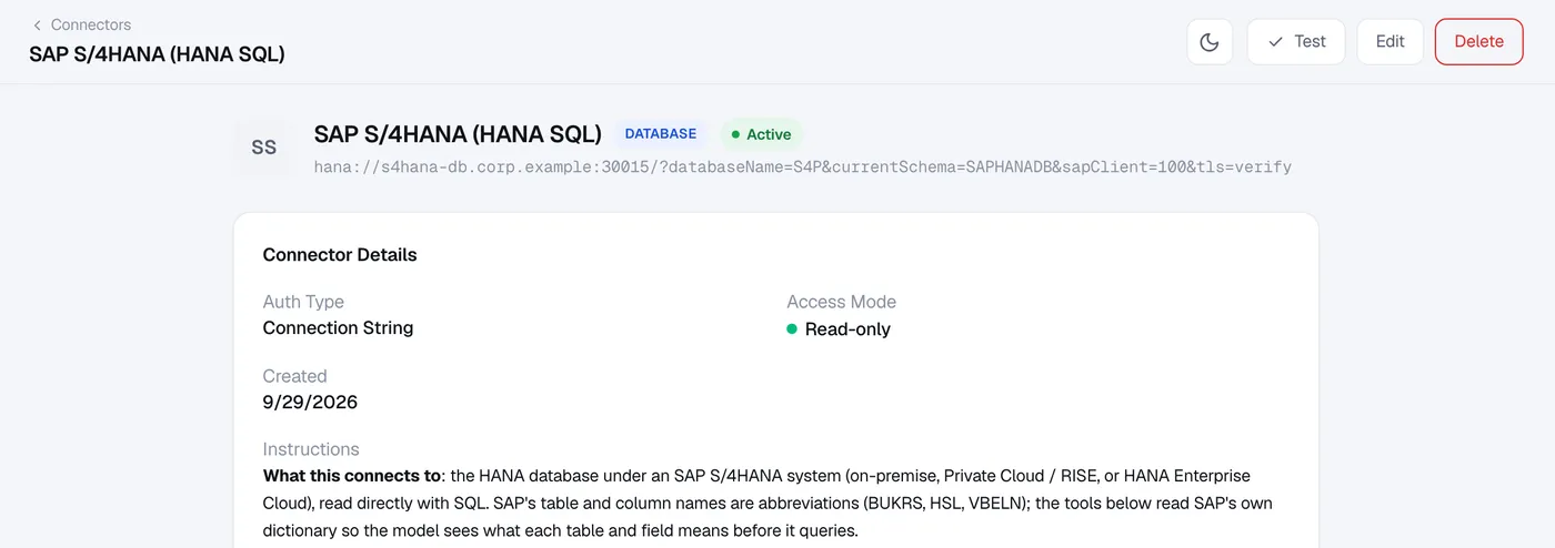 SAP S/4HANA (HANA SQL) コネクタのページ。タイプ Database、ステータス Active、アクセスモード Read-only、ホスト、テナント、スキーマ、クライアント、TLS を含む接続文字列