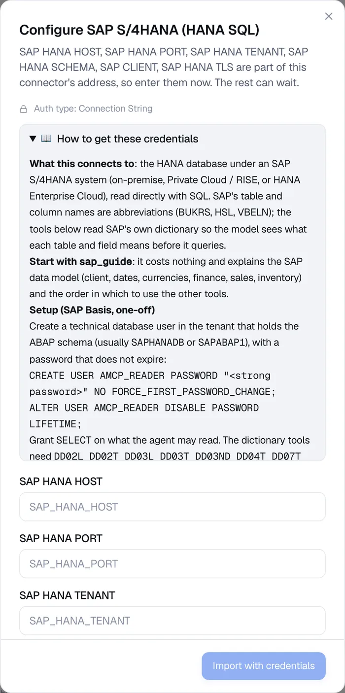 SAP S/4HANA (HANA SQL) コネクタのインストールダイアログ。セットアップ手順と、ホスト、ポート、テナント、スキーマ、クライアント、言語、TLS の入力欄