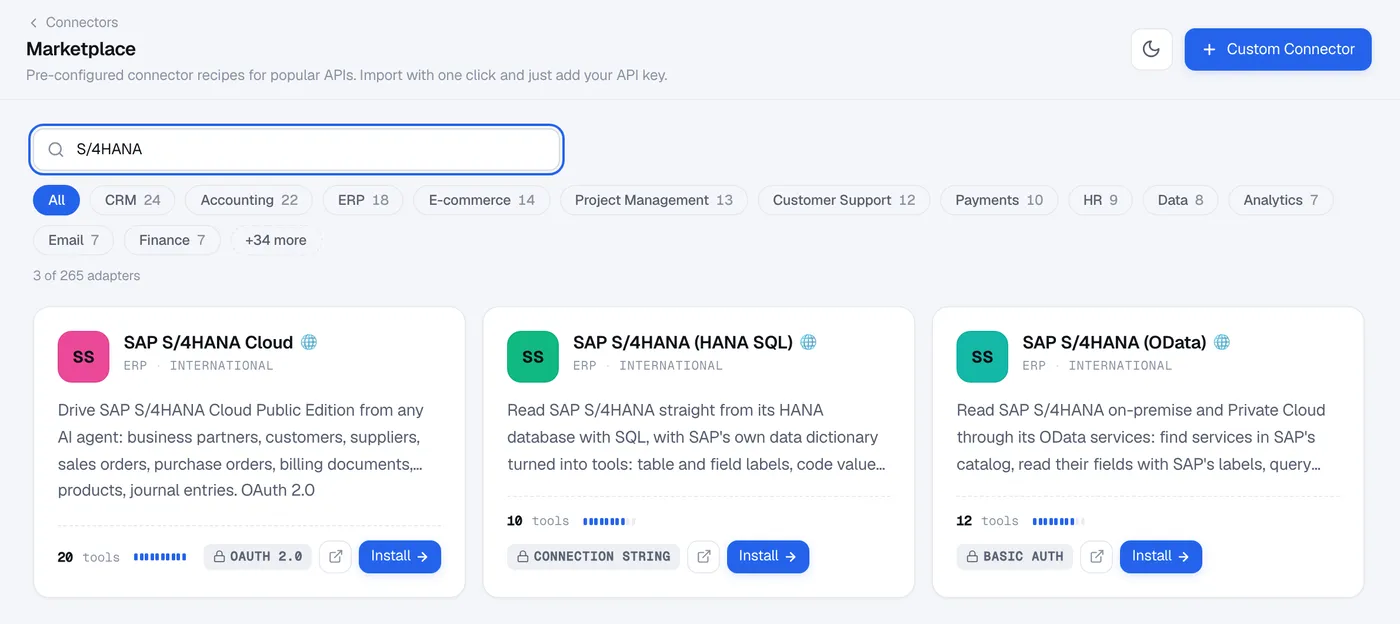 S/4HANA で絞り込んだ AnythingMCP のマーケットプレイス。SAP S/4HANA Cloud、SAP S/4HANA (HANA SQL)、SAP S/4HANA (OData) のカードと Install ボタン